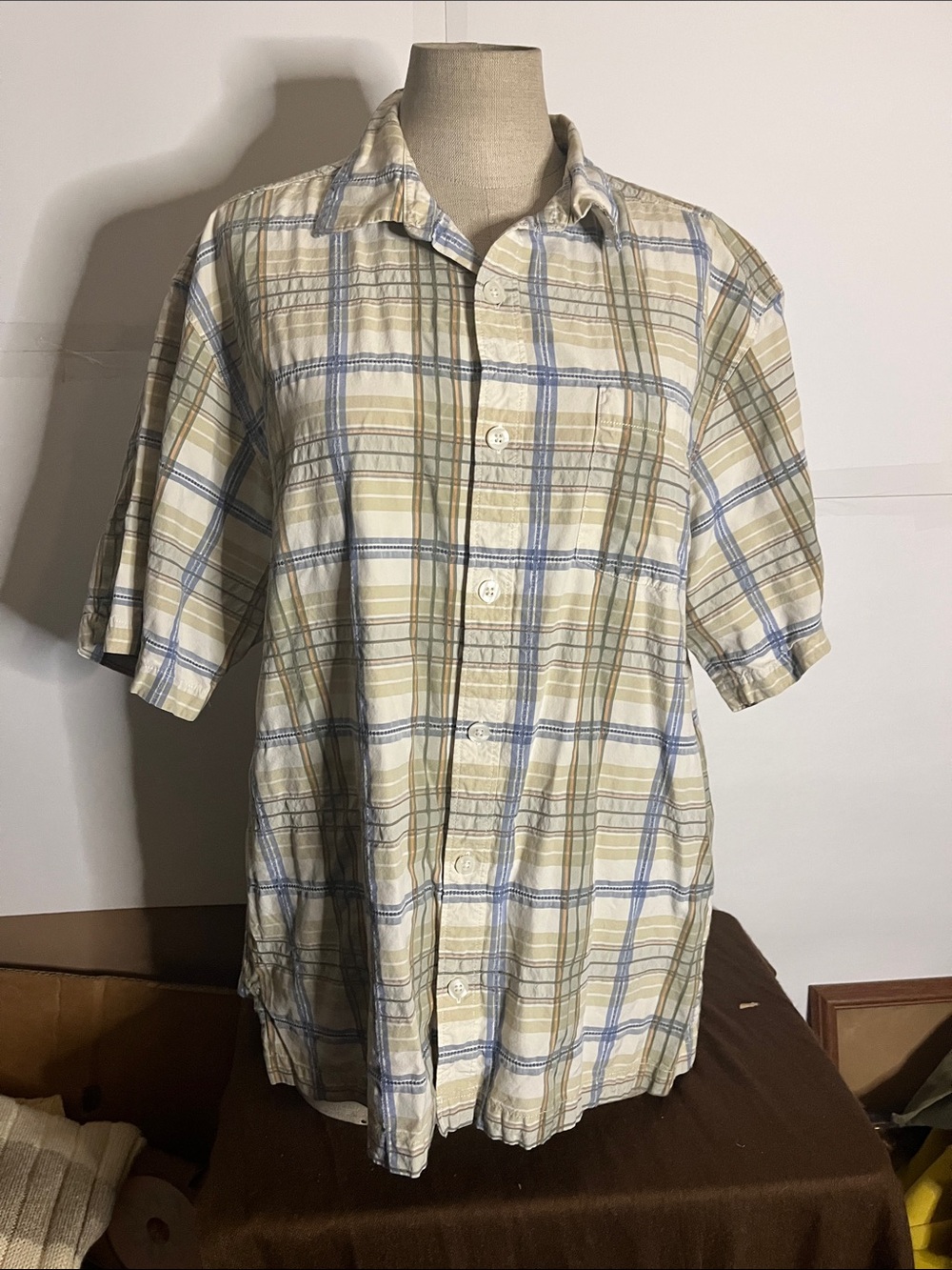 😀100% silk Peninsula Plaid collared casual button down chest pocket